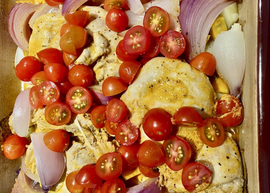 add cherry tomatoes to one-pot chicken